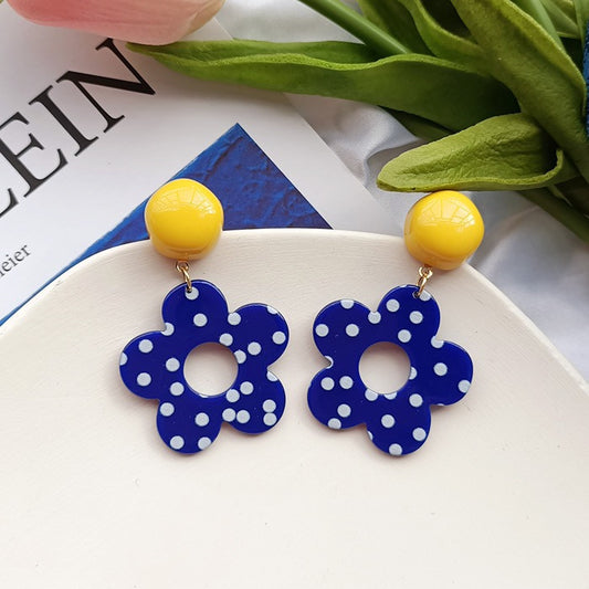 Yellow and Navy Blue Earrings with Polka Dot Flower