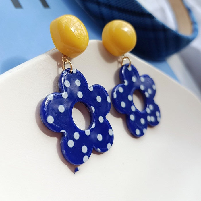 Yellow and Navy Blue Earrings with Polka Dot Flower