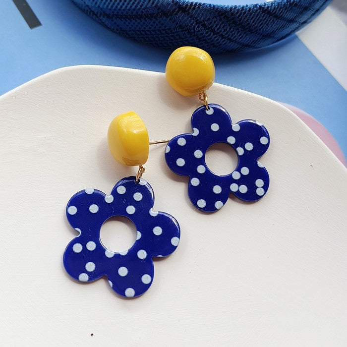 Yellow and Navy Blue Earrings with Polka Dot Flower