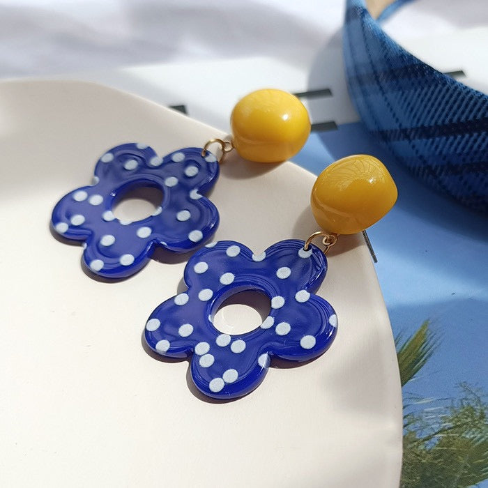 Yellow and Navy Blue Earrings with Polka Dot Flower