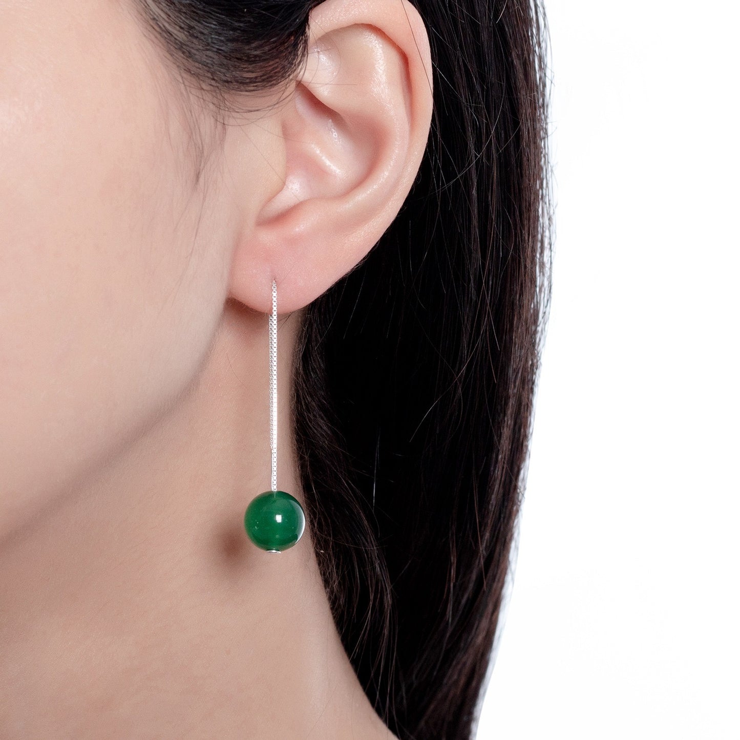 Single Green Bead Long Earrings