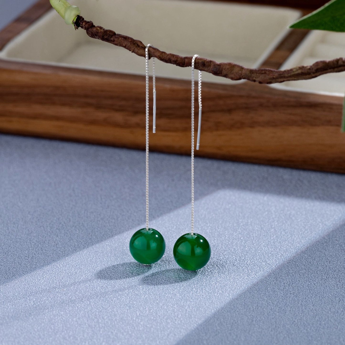 Single Green Bead Long Earrings