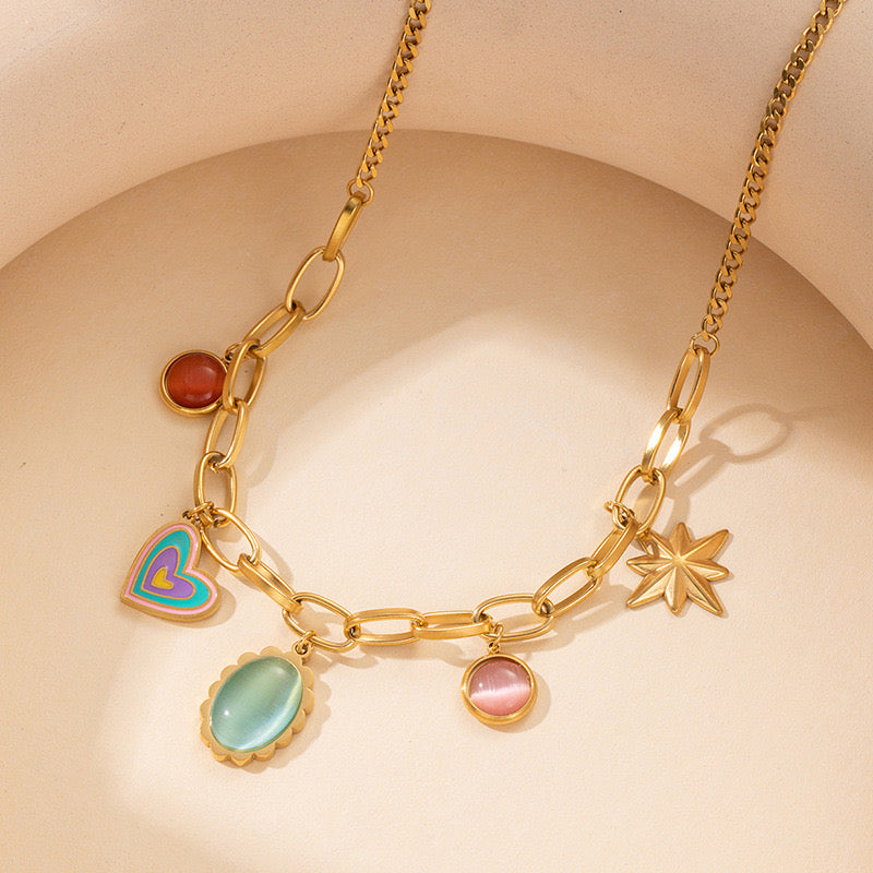 Love shape & colored gemstone titanium necklace