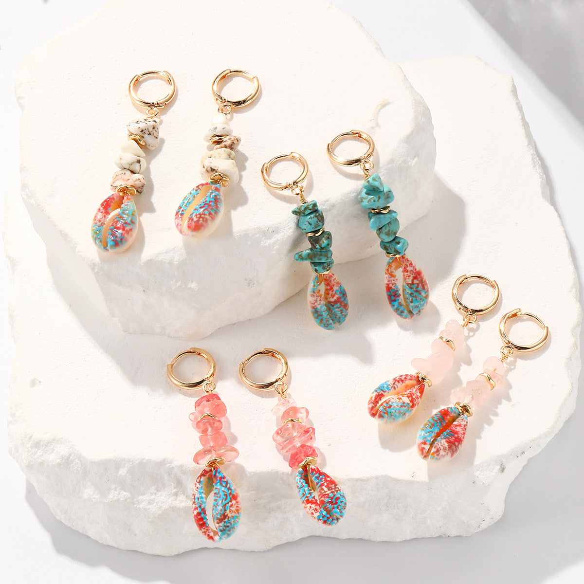 Beaded Shell & Crushed Stone Earrings