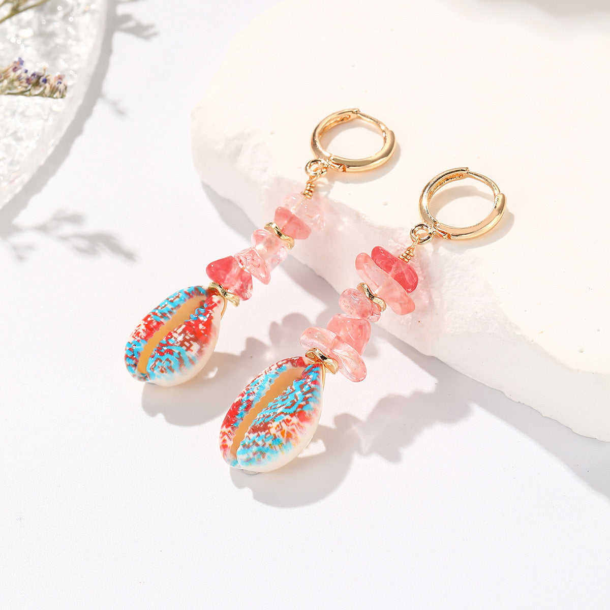 Beaded Shell & Crushed Stone Earrings